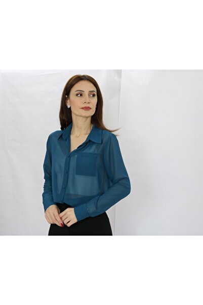 ROZALLİNİ Petrol Uzun Kollu Şifon Gömlek
