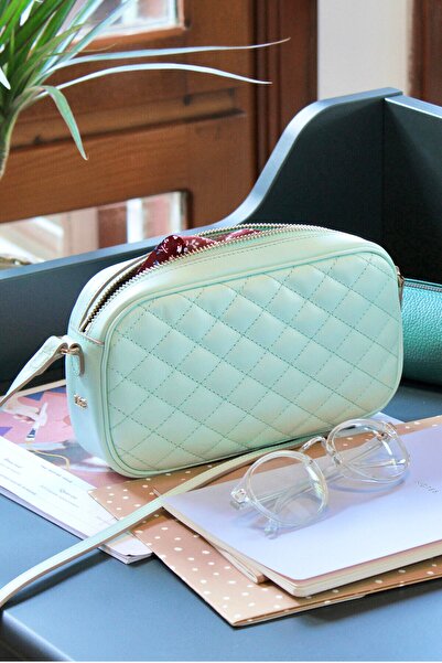 Leather Paper Green Quilted Patterned Mint Leather Bag with Strap