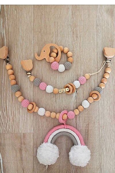 MYG Baby Ahşap Diş Kaşıyıcı Puset Oyuncağı Ve Ahşap Emzik Zinciri, Emzik Tutu...