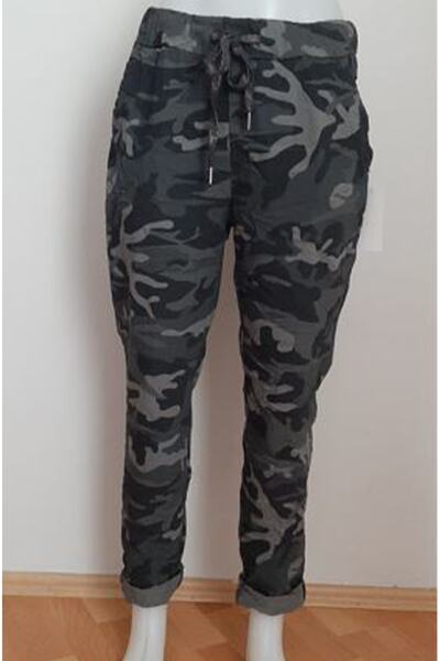 AYASOFYA OTANTIK Жіночі антрацитові брюки з італійською талією, камуфляжним візерунком і вузькими штанинами