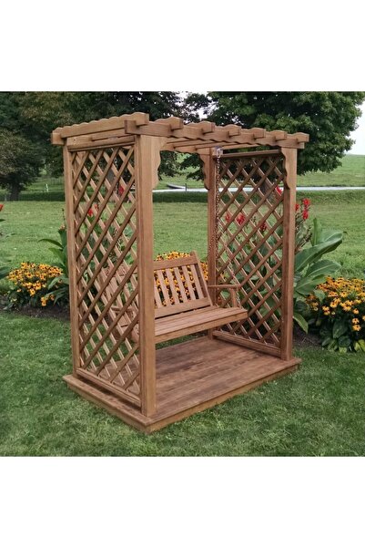 BUĞLEM Lüks Oturak140x60 Minderli Ahşap Tabanlı Pergole Ahşap Bahçe Salıncak