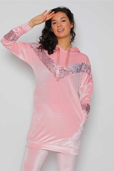 WestBound Women's Sequin Detailed Hooded Velvet Suit Tracksuit