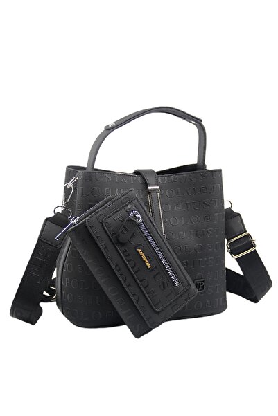 Just Polo Kilit Detaylı Siyah Kadın Cüzdan ve Omuz Çanta Kombini Pbu4002-1006