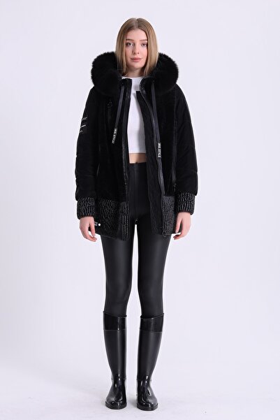 Leather Club Siyah Fox Aksesuarlı Aksesuarlı Astragan Mont