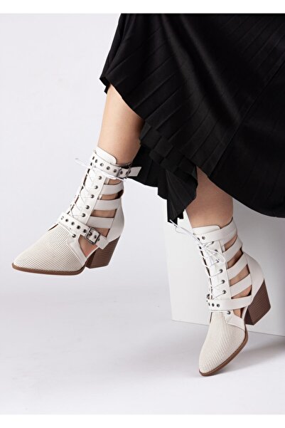 Bej Ayakkabı Women's Back Zippered Double Buckle Adjustable and Tied Summer Boots White