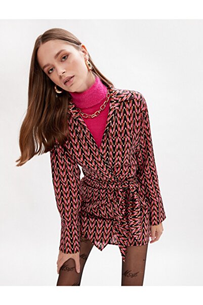 Koton Patterned Shirt Collar Belted Satin Mini Dress