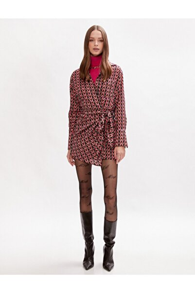 Koton Patterned Shirt Collar Belted Satin Mini Dress