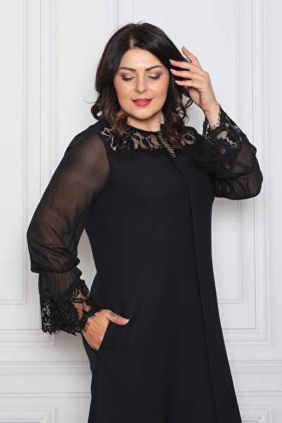 etselements Women's Black Lace and Chiffon Detailed Dress Es234