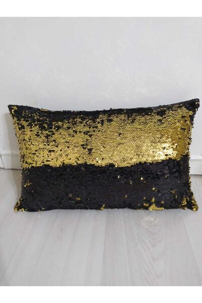 YILMAZHOME غطاء وسادة مستطيل مزين بالترتر - (أسود-ذهبي)