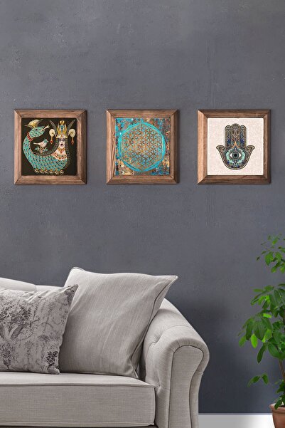 Oscar Stone Decor Masif (ahşap) Çerçeveli 3'lü Set Taş Tablo Pano 28x28cm Şahmeran Nar Bereket Duası