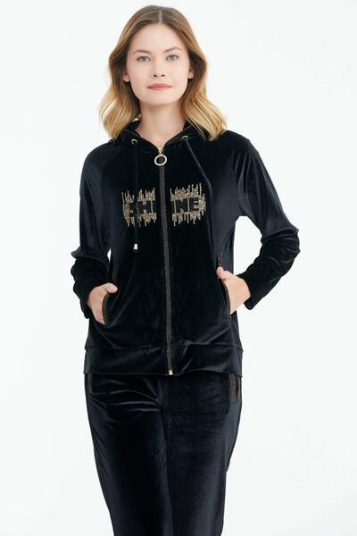 Sementa Kadın Taş Detaylı Kapüşonlu Kadife Eşofman Takım-siyah-74894