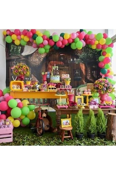 Party City Special Day Concept Pink- Fuchsia- Light Green- Yellow- Dark Green Balloon and Balloon Chain