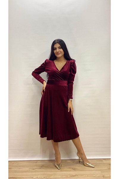 Bersi Butik Rochie din catifea, midi din catifea burgundy