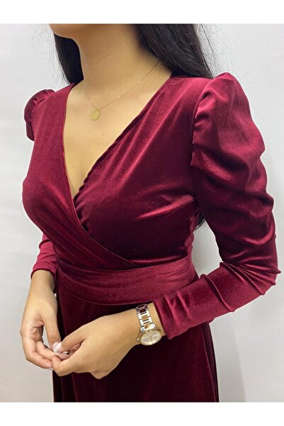 Bersi Butik Βελούδινο, Μίντι Βελούδινο Μπορντό Φόρεμα