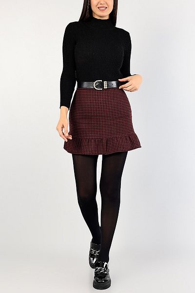 NKTCOLLECTİON Women's Plum Houndstooth Patterned Skirt with Flounces New Season Cashmere Skirt 85650
