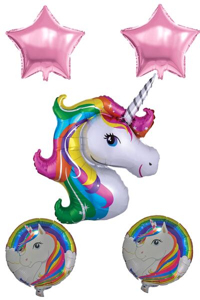 Parti dolabı Renkli 5 Li Unicorn Folyo Balon Seti Yıldız Balonlu Set