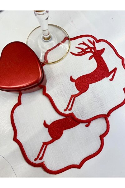 cantasarım ev tekstili 2'li Kırmızı Geyik Nakışlı Sunumluk&kokteyl Peçetesi 1...