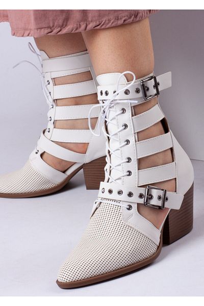Bej Ayakkabı Women's Back Zippered Double Buckle Adjustable and Tied Summer Boots White