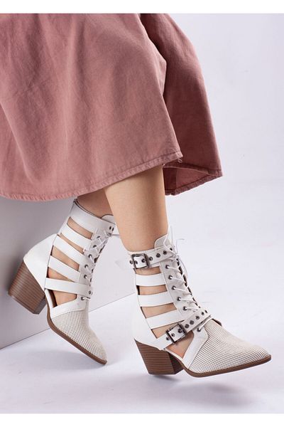 Bej Ayakkabı Women's Back Zippered Double Buckle Adjustable and Tied Summer Boots White