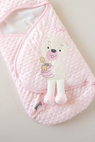 AE Group Baby Girl Pink Cute Teddy Bear Embroidered Velboa Cotton Swaddle