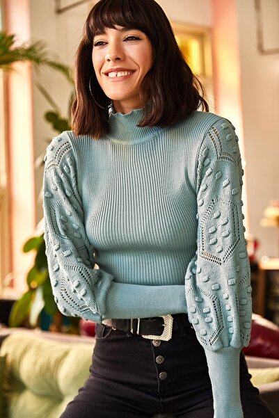 Olalook Kadın Mint Yeşili Kol Detaylı Dik Yaka Fitilli Triko Kazak KZK-19000383