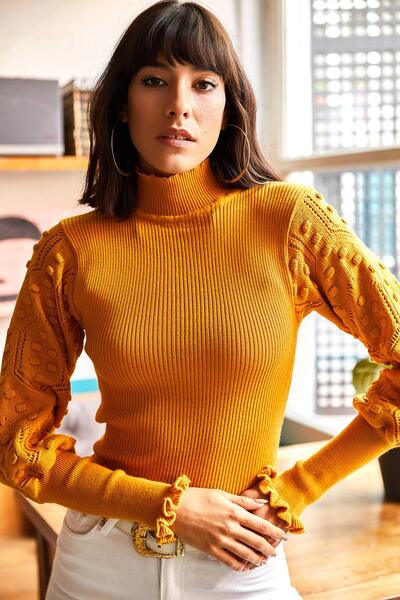Olalook Pulover de damă, cu mâneci muștar, cu guler în picioare, tricotaj cu nervuri KZK-19000383