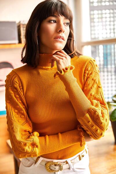 Olalook Pulover de damă, cu mâneci muștar, cu guler în picioare, tricotaj cu nervuri KZK-19000383