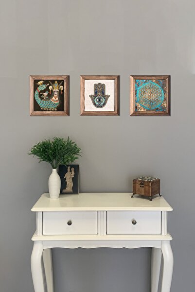 Oscar Stone Decor Masif (ahşap) Çerçeveli 3'lü Set Taş Tablo Pano 28x28cm Şahmeran Nar Bereket Duası