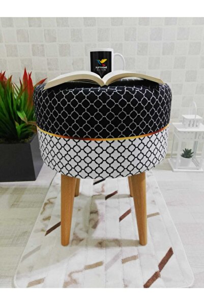 PufyHome Fiona Özel Tasarım-siyah Beyaz Gürgen Ayaklı Dekoratif Rahat Puf Sandalye Koltuk