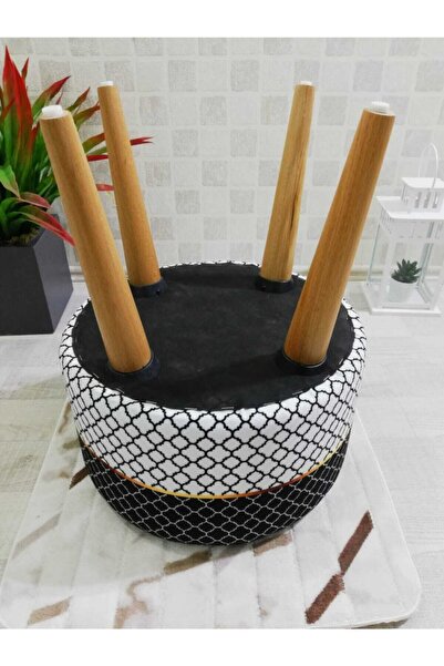 PufyHome Fiona Özel Tasarım-siyah Beyaz Gürgen Ayaklı Dekoratif Rahat Puf Sandalye Koltuk