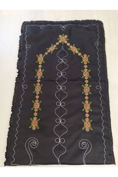 Çeyiz Bahçesi Black and Yellow Embroidered Cross Stitch - Nare Prayer Rug