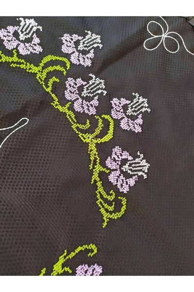 Çeyiz Bahçesi Cross Stitch Embroidered Mihrap Prayer Mat Black
