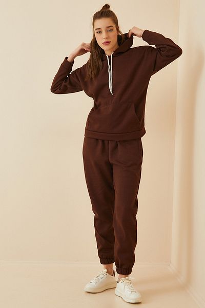 Happiness İstanbul Dunkelbraunes Fleece-Trainingsanzug-Set mit Kapuze für Damen DD00762