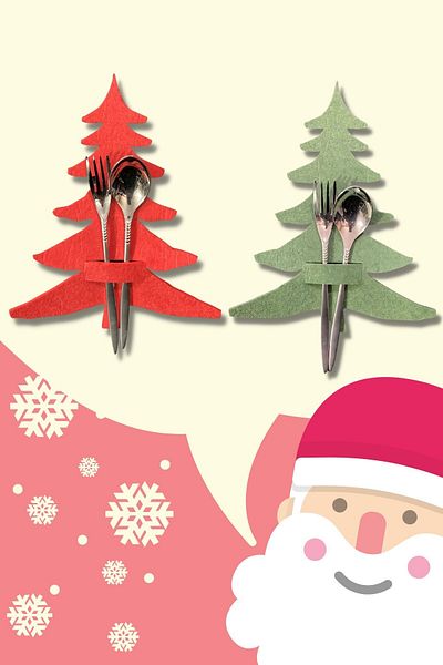 NT Handmade 3 Pieces of Green and 3 Pieces of Red Felt Pine Tree Shaped Serving Spoon Holder New Year Decoration Table Setting
