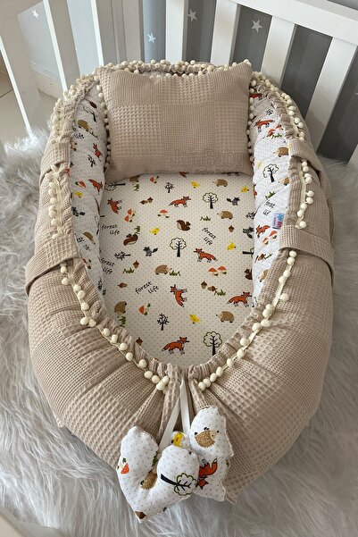 Jaju Baby Babynest Pike Ve Müslin Kumaş Tilki Tasarım Organik Pamuk Kumaş Ponponlu Nest