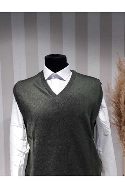 HMZ GİYİM Men's V-Neck Thin Wool Knitted Khaki Knitwear Sweater