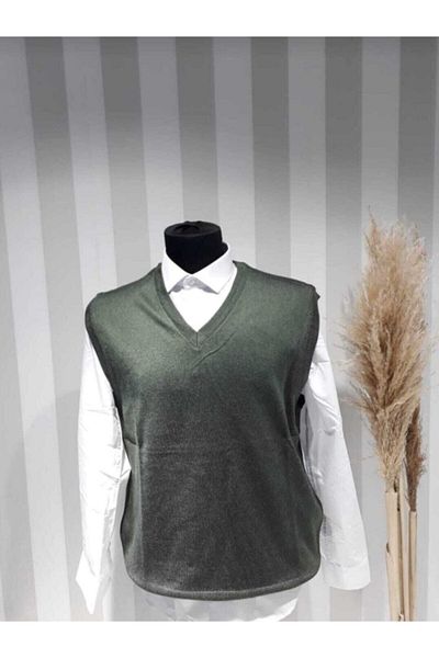 HMZ GİYİM Men's V-Neck Thin Wool Knitted Khaki Knitwear Sweater