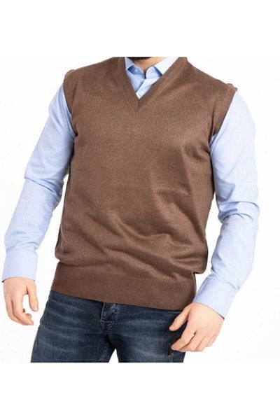 HMZ GİYİM Men's V-Neck Thin Wool Knitted Brown Knitwear Sweater