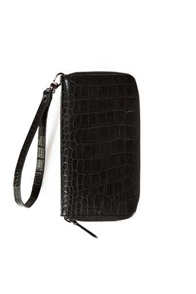 Leather Paper Tutma Saplı Kroko Baskılı Deri Portföy Cüzdan Siyah