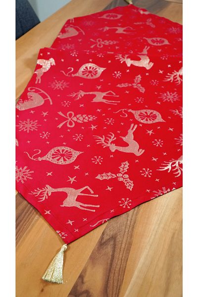 Viemso New Year's Special Patterned Gold Glitter Red Tassel Runner