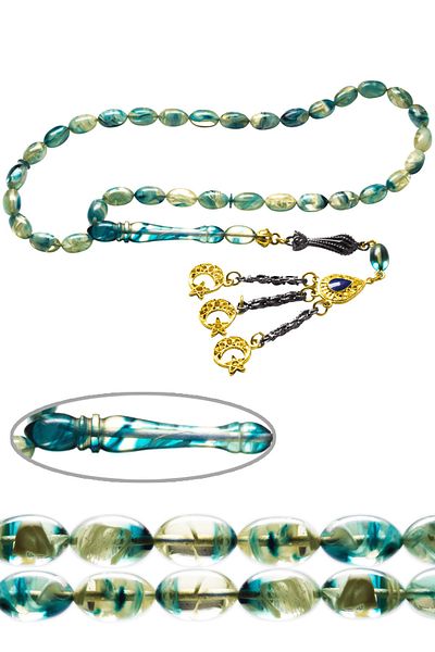 Tesbih Atölyesi Certified Blue Colored Crimped Amber Prayer Beads with Enameled Tassels