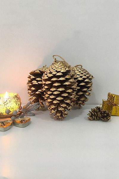 Elfora Christmas Pine Tree Ornament Pinecone Gold Color Mega Size - 3 Pieces