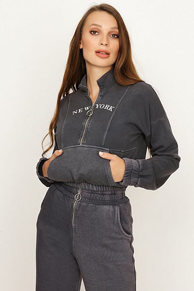 Select Moda Hanorac de damă, afumat, cu jumătate de fermoar, cu talie elastică