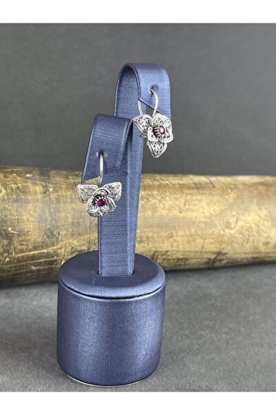 BEY SİLVER Telkari Yakut Taşlı Çiçek Gümüş Kadın Nokta Küpe