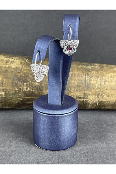 BEY SİLVER Telkari Yakut Taşlı Çiçek Gümüş Kadın Nokta Küpe