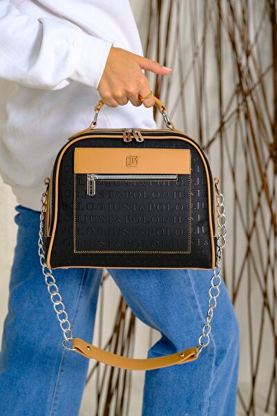 Just Polo حقيبة كتف نباتية للنساء من طراز Black Tan Embossed مطبوع بتصميم Raz...