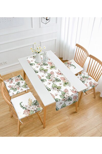 Realhomes Kurumuş Tropik Yaprak Tasarımlı 4 Yuvarlak Pofidik Sandalye Minderi...