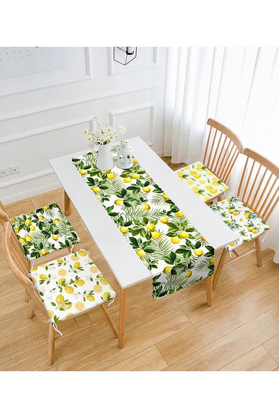 Realhomes Lemon Motif Set of 4 Zippered Chair Cushions and 1 Runner