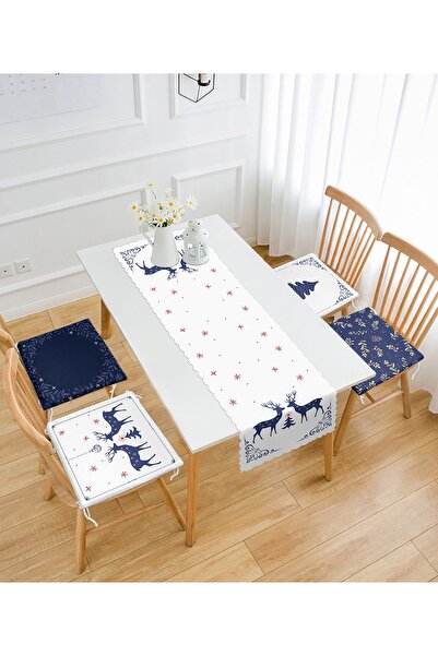 Realhomes Lacivert Renkli Yılbaşı Temalı 4 Fermuarlı Sandalye Minderi 1 Runner Seti