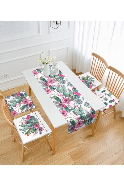 Realhomes Cactus Motif Set of 4 Zippered Chair Cushions and 1 Runner